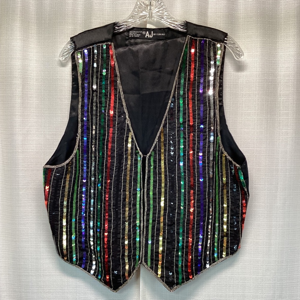 Vintage AJ Sequin Beaded Silk Vest Black Multi Color Stripe Party Medium Costume